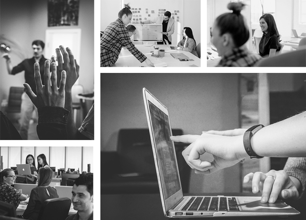 Black and white collage of 5 different photos. Person pointing to someone's laptop, a colleague delivering a presentation to their peers, people raising their hands to ask questions to the speaker, a work place with several people smiling and a focused image of a woman smiling.